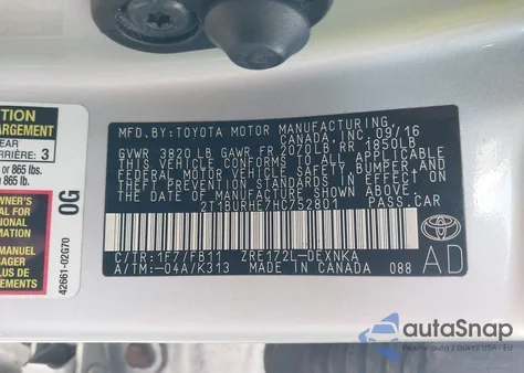 2017 Toyota Corolla Le from USA, damaged, VIN 2T1BURHE7HC752801